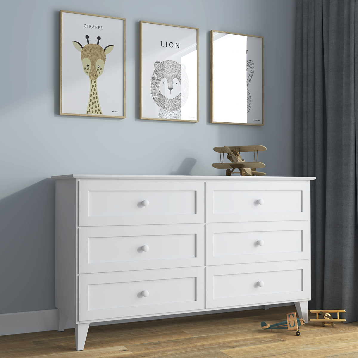 Chest of drawers 6S white – wooden, closed drawers, front view, Nizio