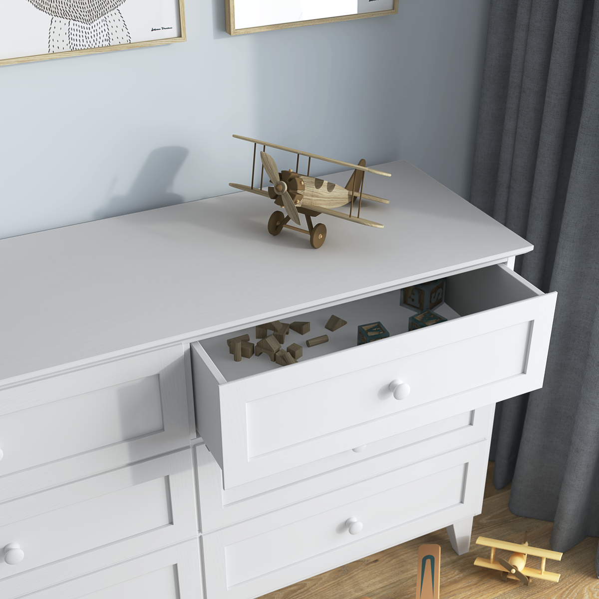 Chest of drawers 6S white wooden – side view, depth and profile