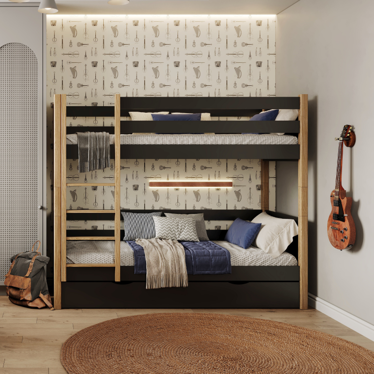 Lit superposé noir-chêne z tiroir – barrière i échelle en bois, Nizio