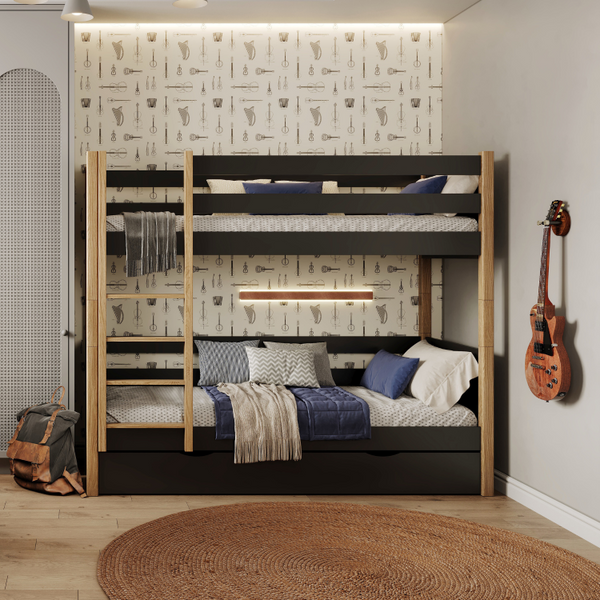 Lit superposé noir-chêne z tiroir – barrière i échelle en bois, Nizio