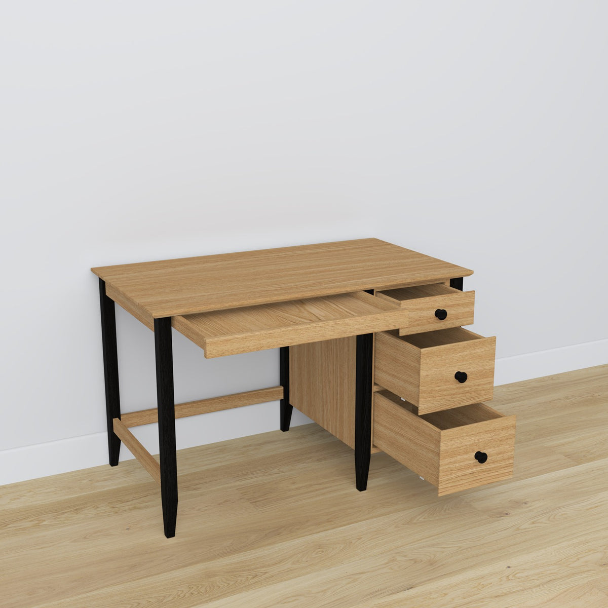 Desk 3S oak natural oak with black – open drawers, document storage compartments
