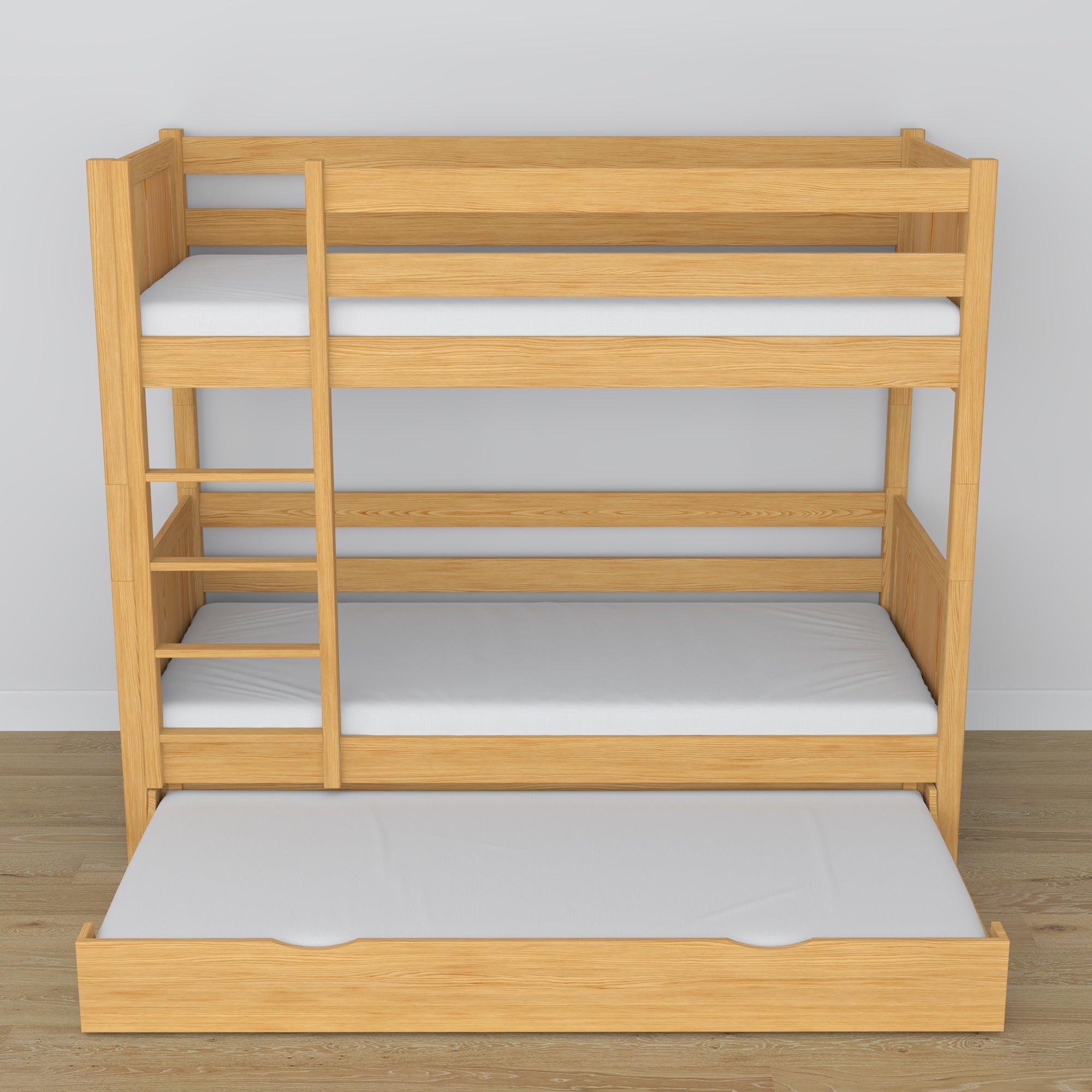 Houten stapelbed naturel grenen – ladder, bedhekjes, lade voor extra matras