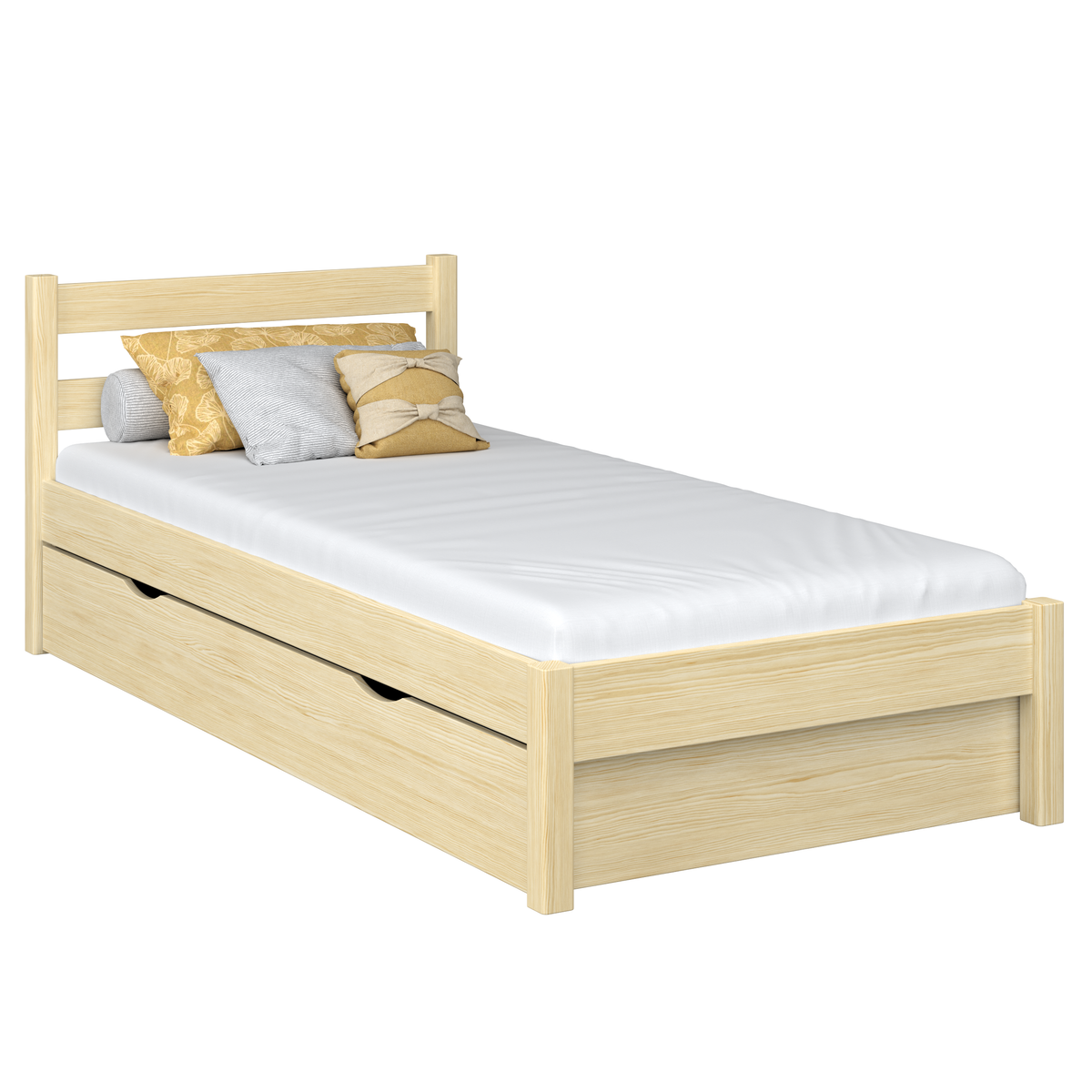 Wooden bed with mattress drawer clear pine – extended drawer, guest