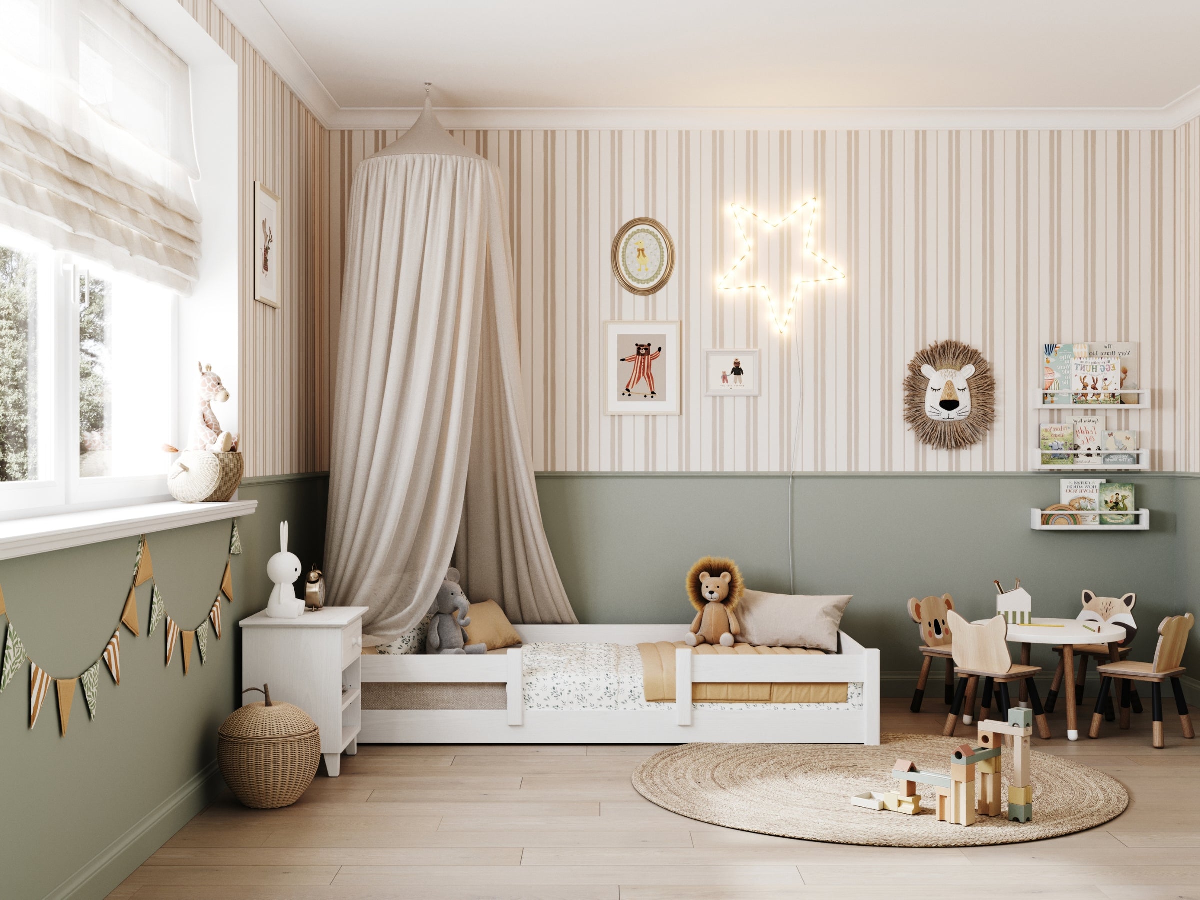 Laag bed wit – houten hoofdeinde, close-up van houtskwaliteit