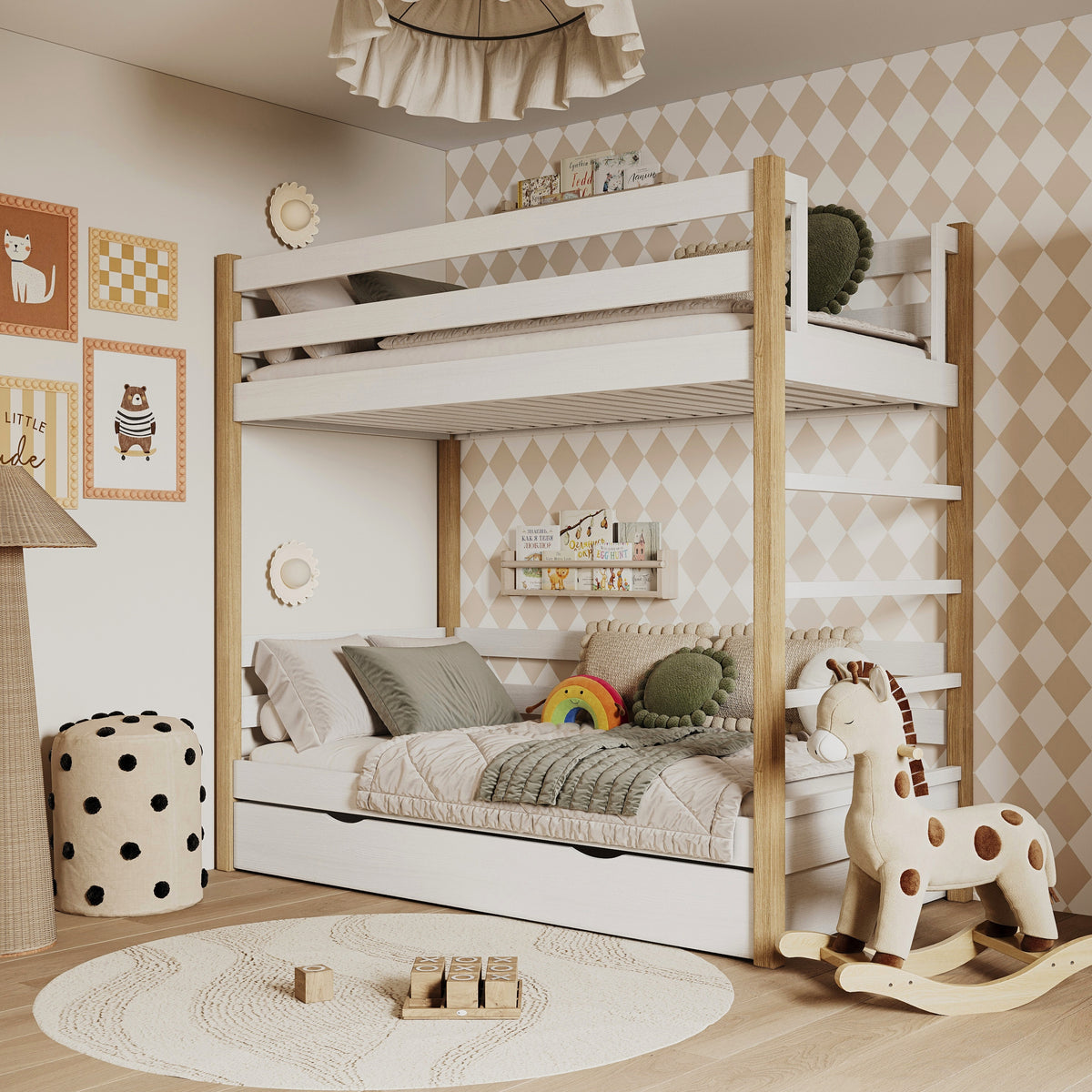 Stapelbed wit-eiken voor kinderen – twee slaapplaatsen en lade, houten