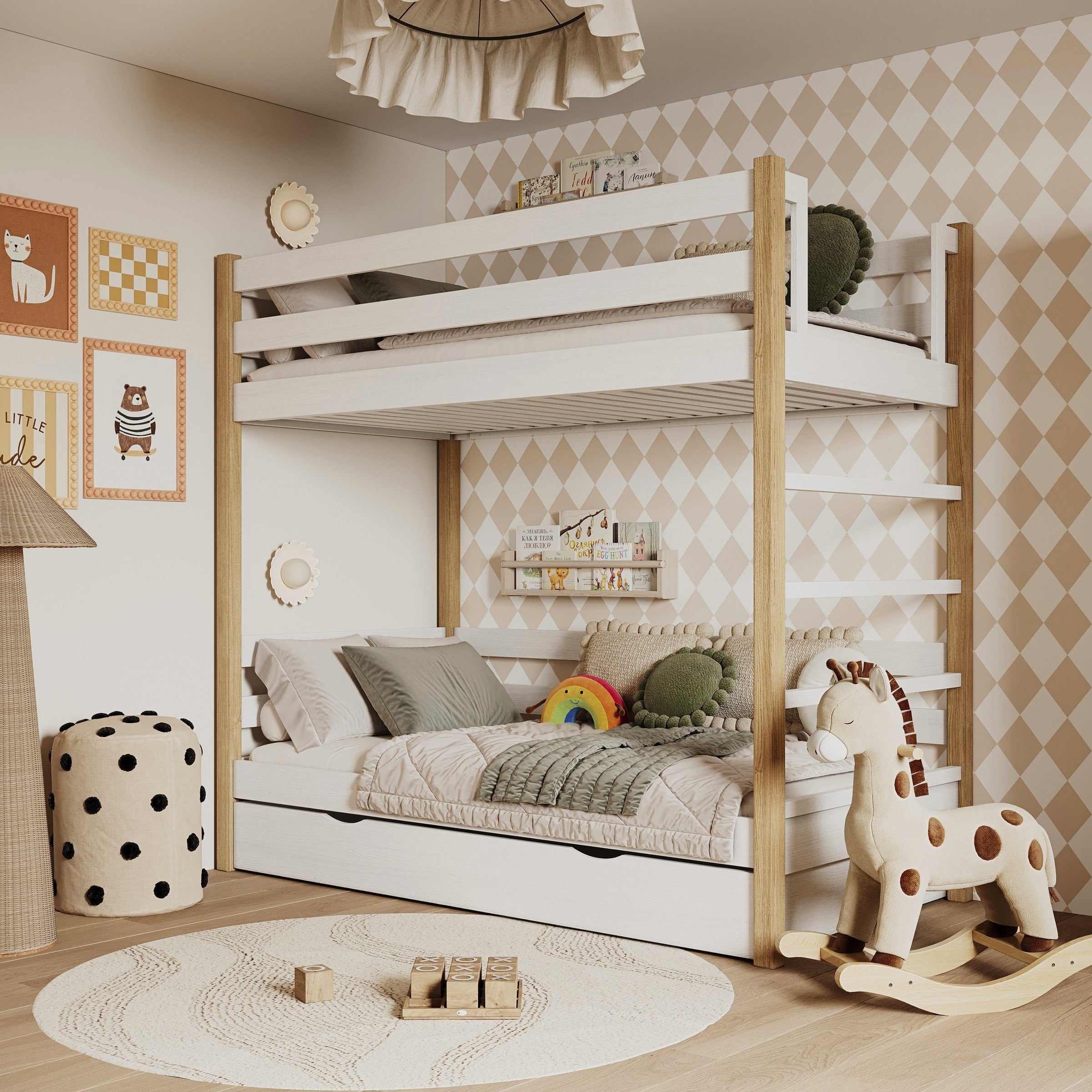 Stapelbed wit-eiken voor kinderen – twee slaapplaatsen en lade, houten