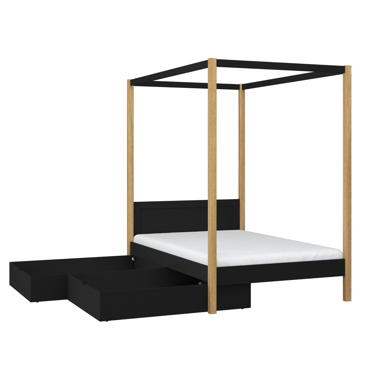 Bed zwart-eiken met hemel en lade – zijaanzicht, houten