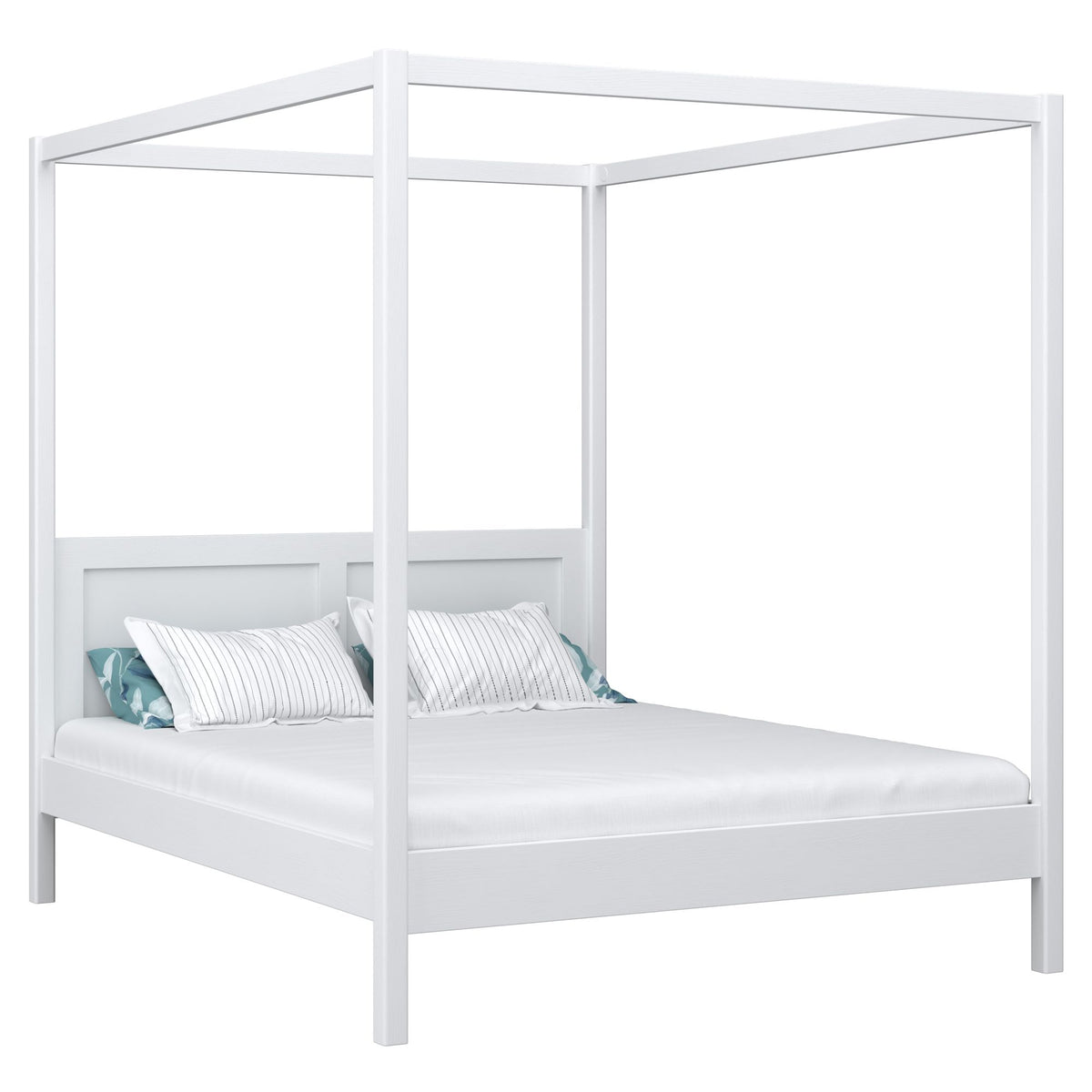 Tweepersoonsbed met hemelbed wit – lattenbodem en latten, houten, Nizio
