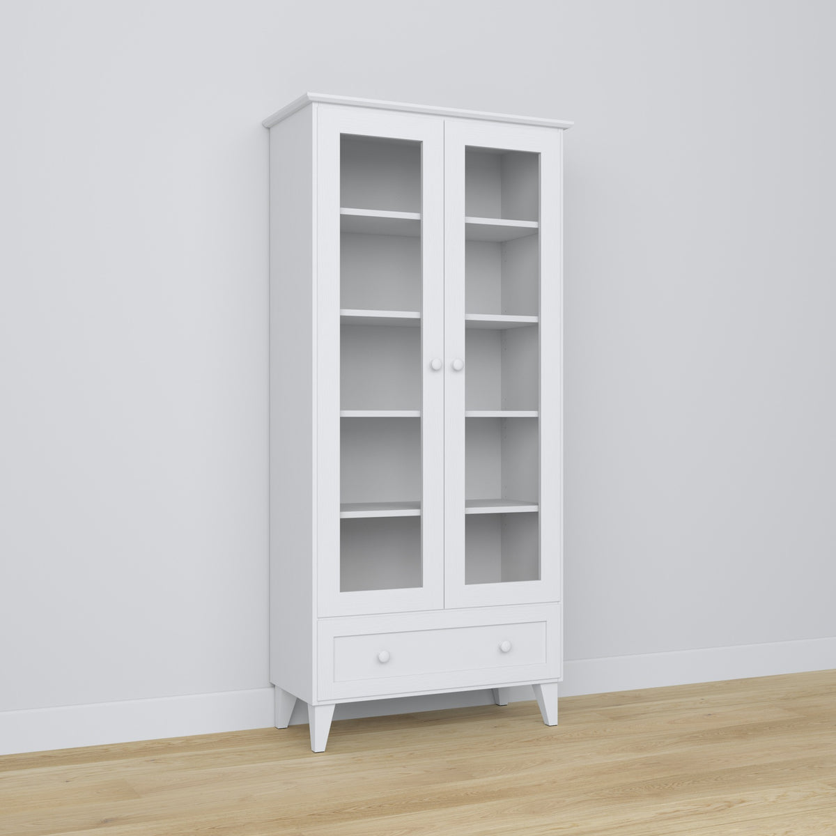 Vitrinekast 1S 90 wit – houten, glazen deuren, vooraanzicht