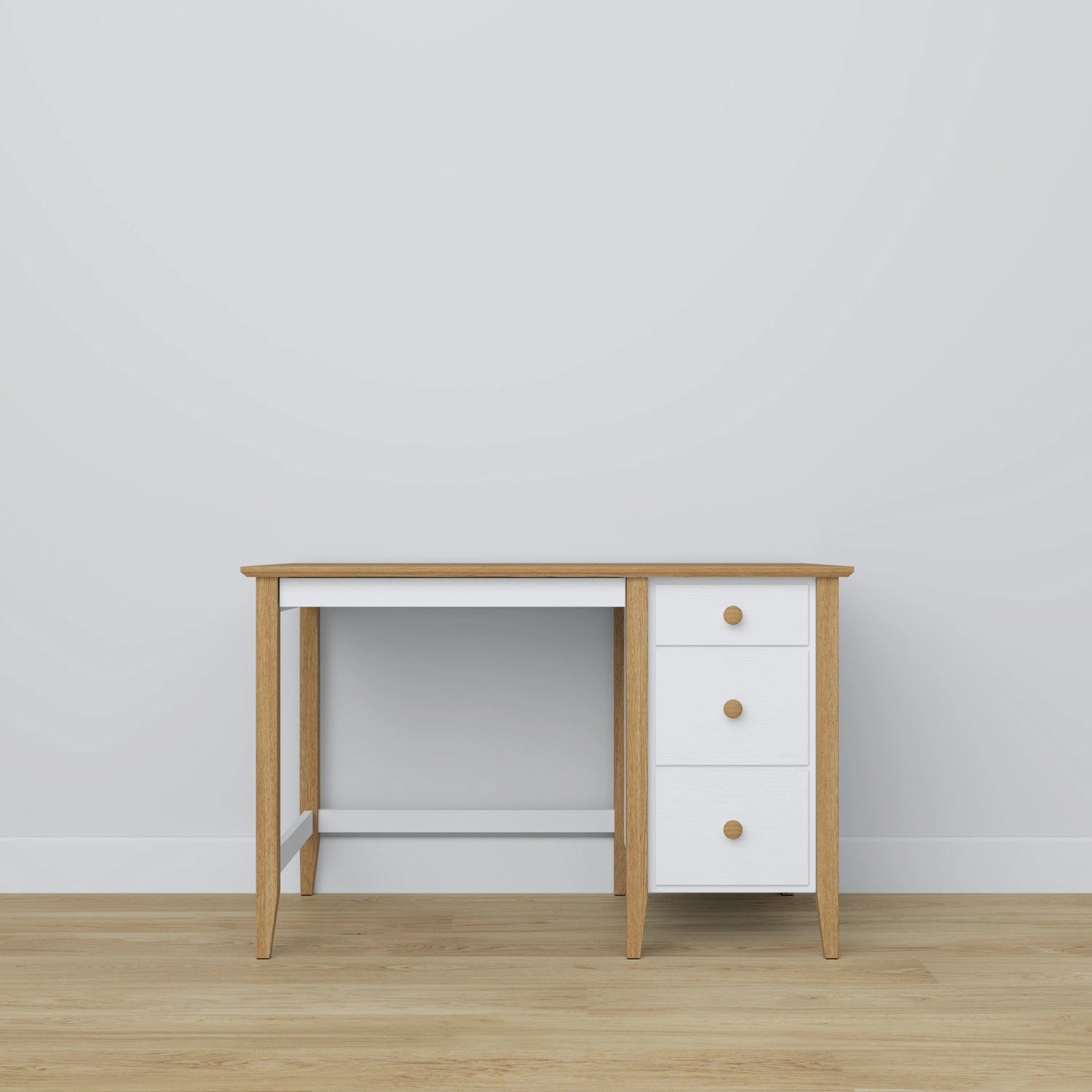 Desk 3S white with oak wood – side view, tabletop depth