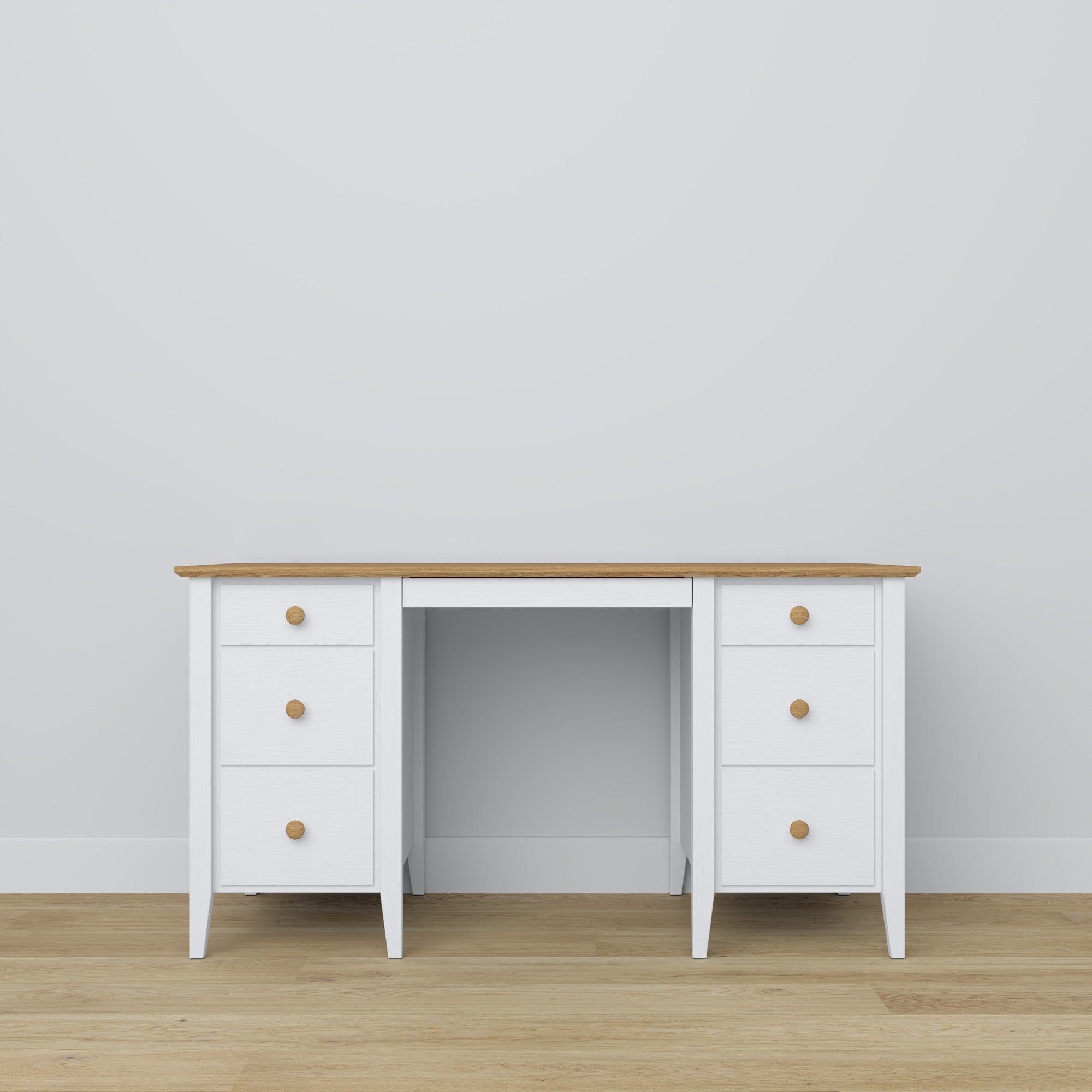 Desk 6S wooden white with oak – open drawers, document storage compartments