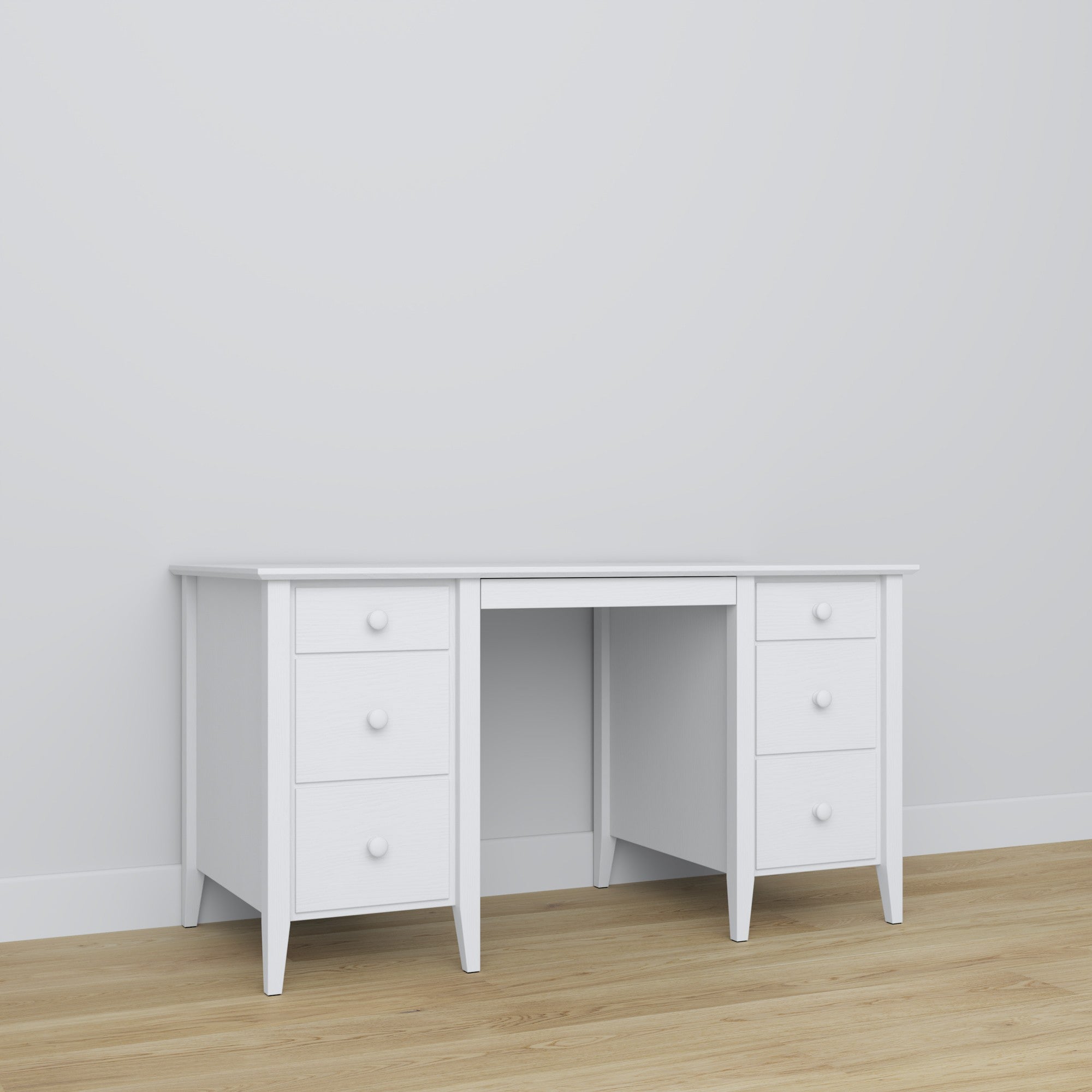 Desk 6S white – wooden, wide tabletop, front view, Nizio