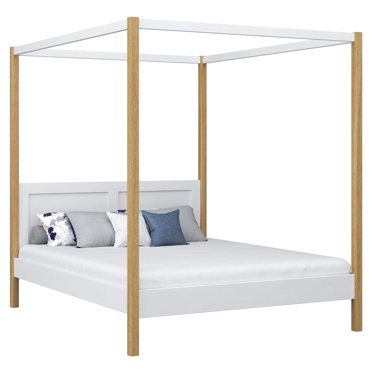Tweepersoonsbed met hemel wit-eiken – lattenbodem en latten, houten, Nizio