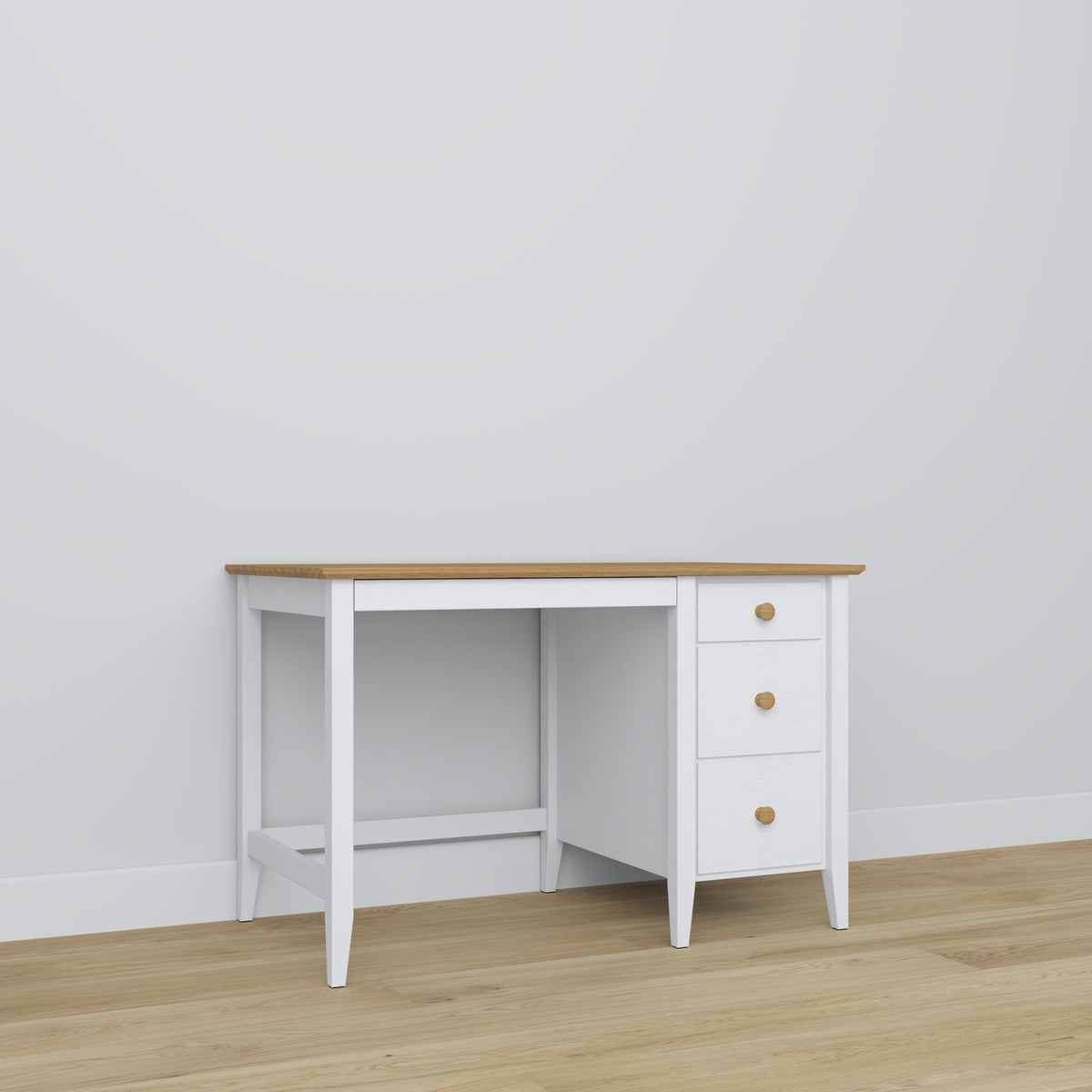Bureau 3S blanc avec chêne en bois – vue de côté, profondeur du plateau