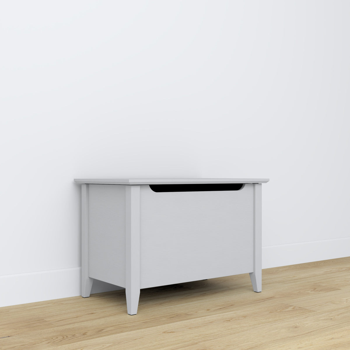 Chest grey – wooden, closed lid, front view, Nizio