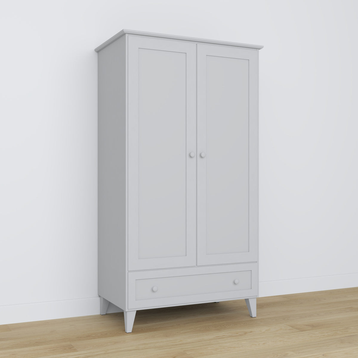 Wardrobe 2D1S grey – wooden, closed doors, front view, Nizio