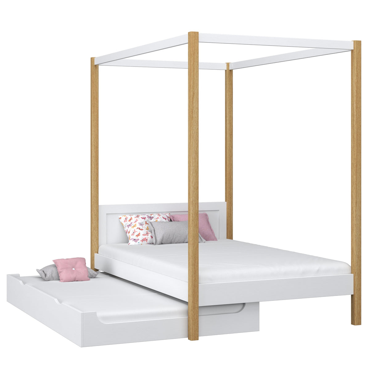 Bed met hemelbed en matraslade houten wit-eiken – kinderkamer scandi