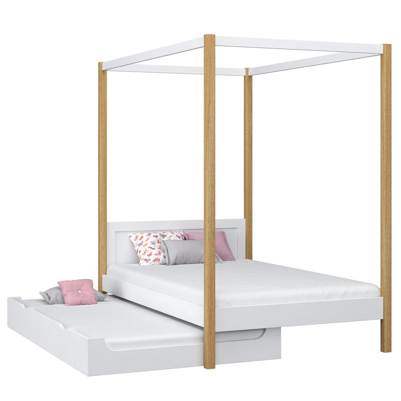Bed met hemelbed en matraslade houten wit-eiken – kinderkamer scandi