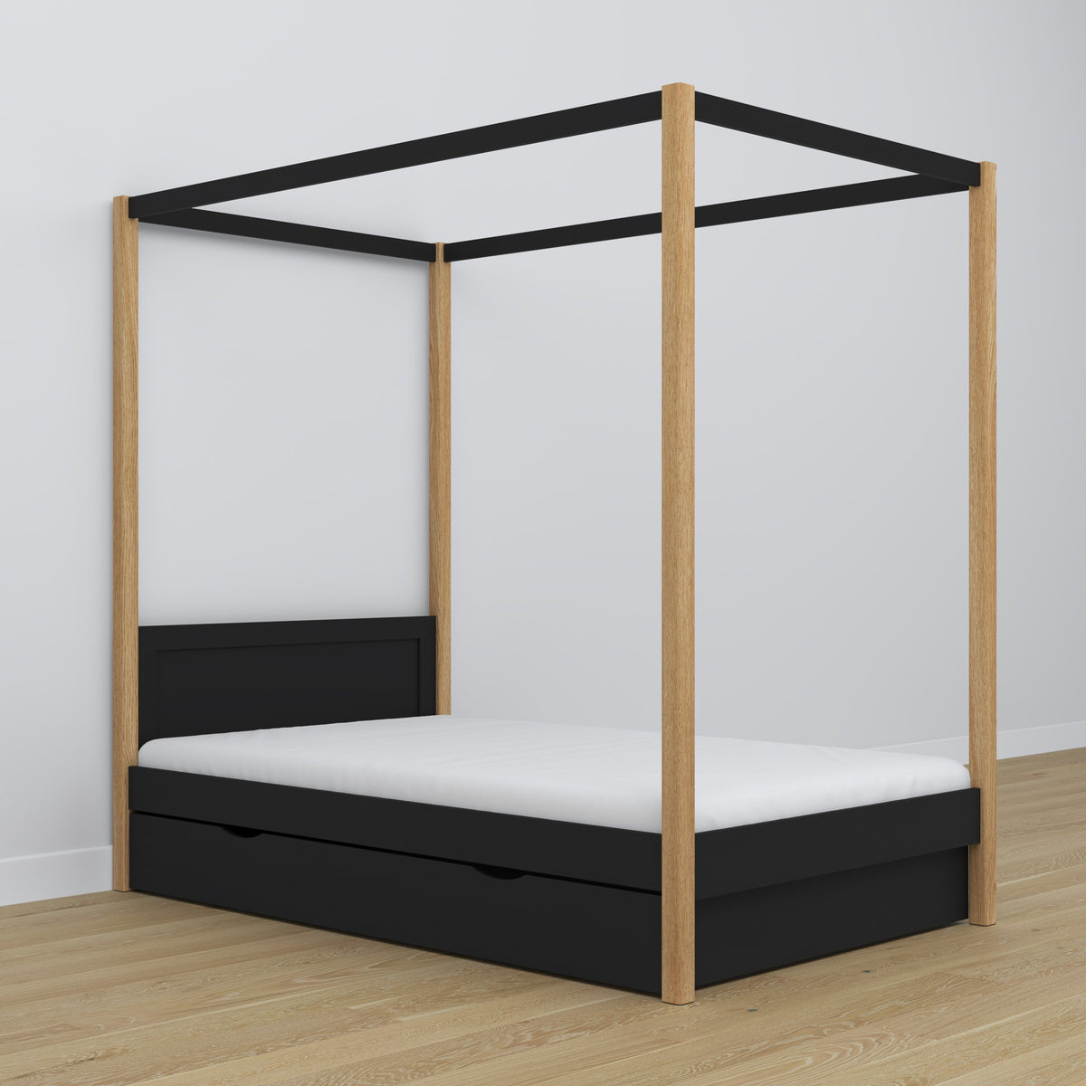 Houten hemelbed zwart-eiken in kinderkamer – scandi inrichting