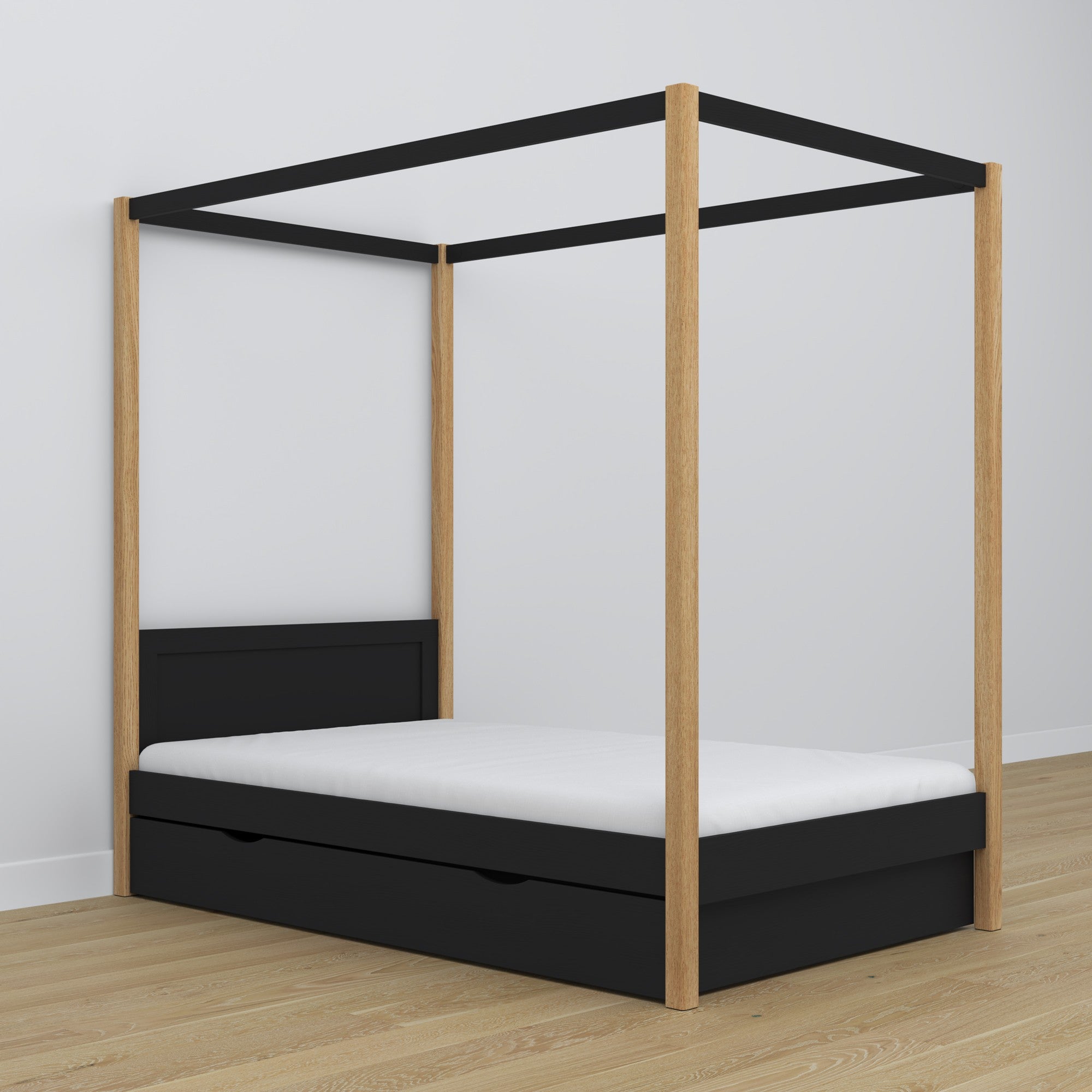 Houten hemelbed zwart-eiken in kinderkamer – scandi inrichting