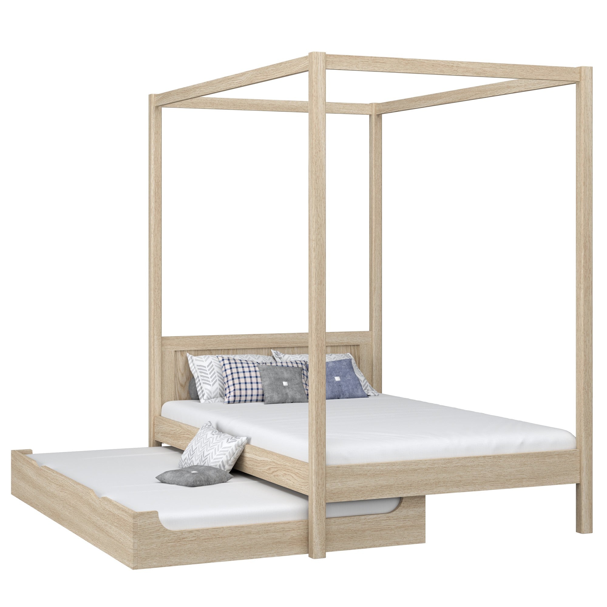 Bed met hemelbed en matraslade eiken gewit eiken – kinderkamer scandi