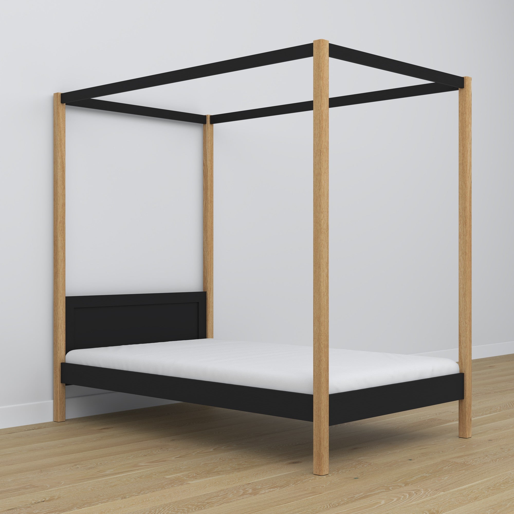 Bed zwart-eiken met hemel – decoratief houten frame, veilig voor kinderen