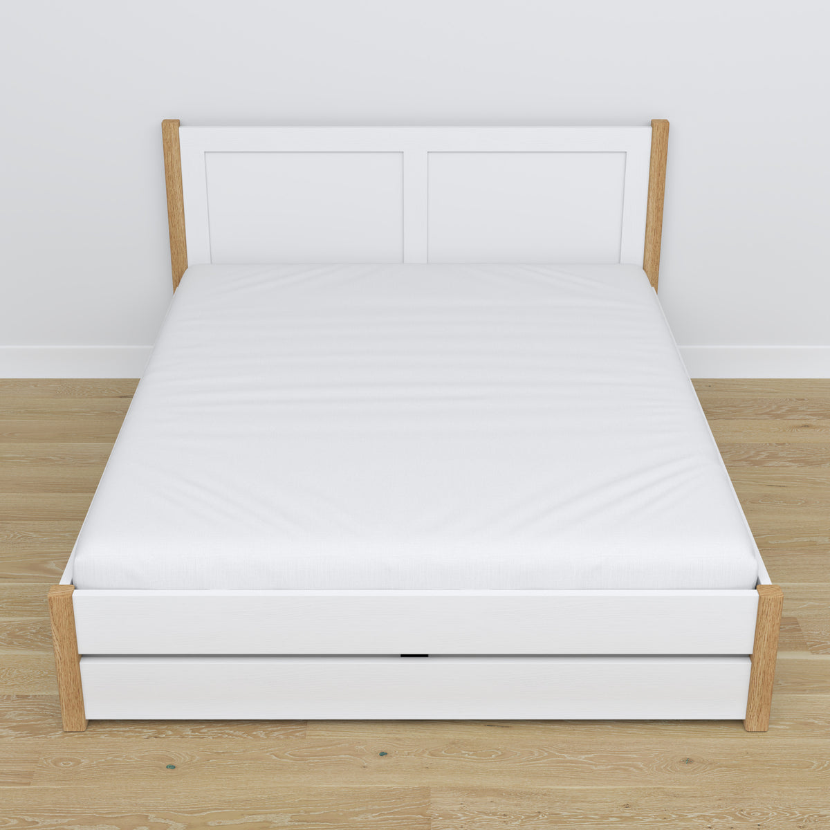 Houten tweepersoonsbed met lade wit met eiken – schuine aanzicht, scandi slaapkamer