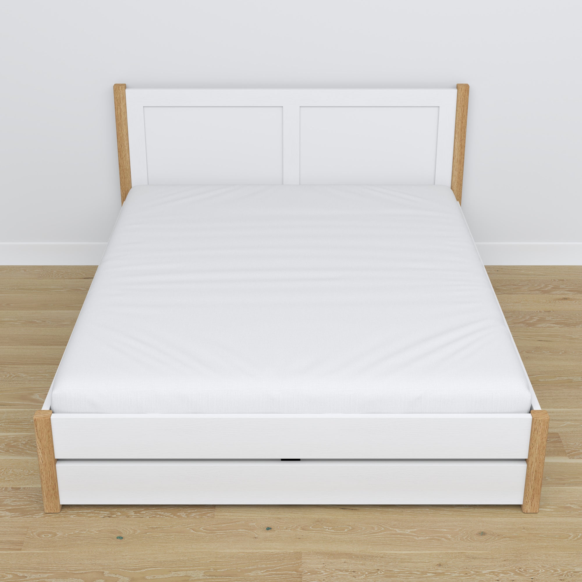 Houten tweepersoonsbed met lade wit met eiken – schuine aanzicht, scandi slaapkamer