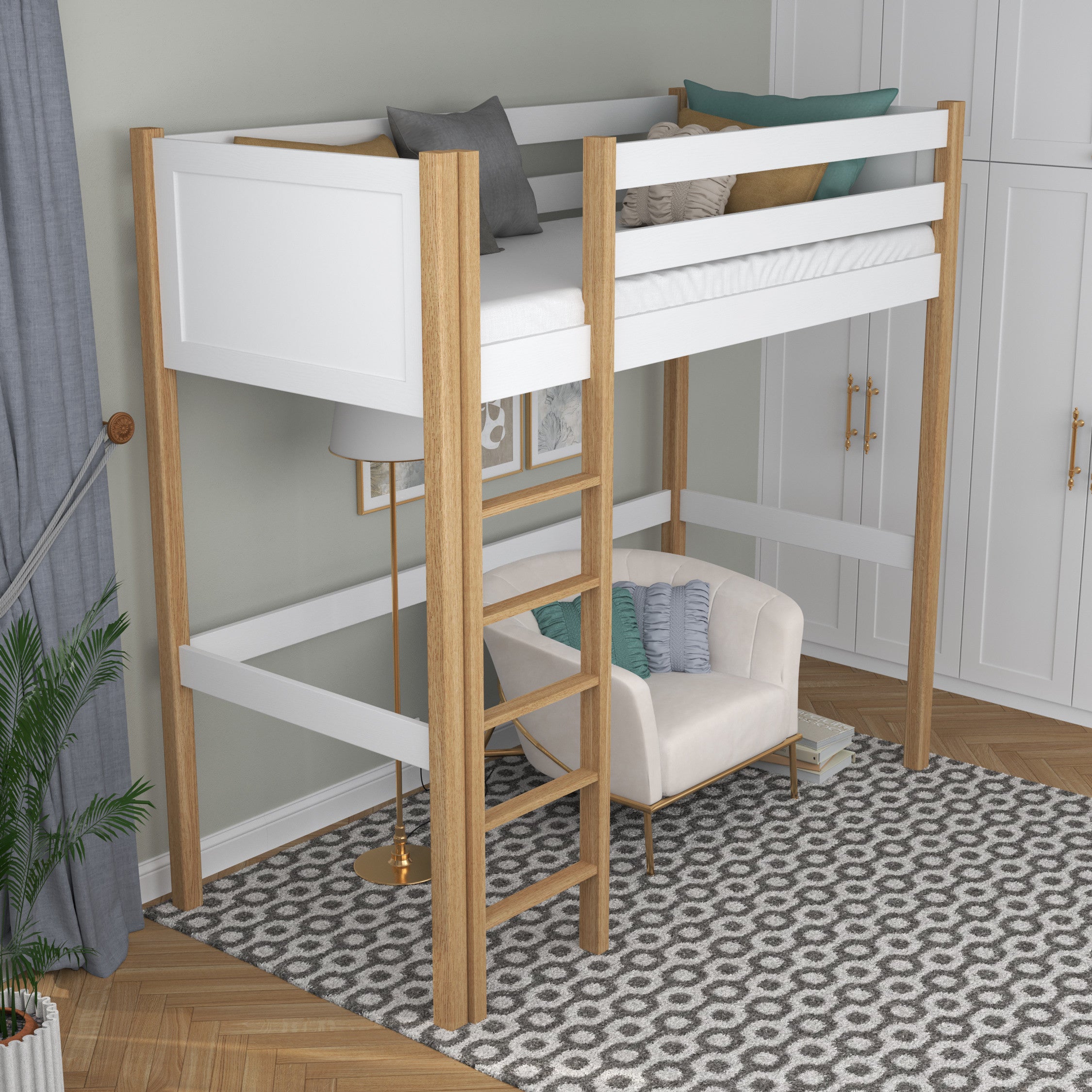 Houten hoogslaperbed wit-eiken in de kinderkamer – scandi inrichting, houten