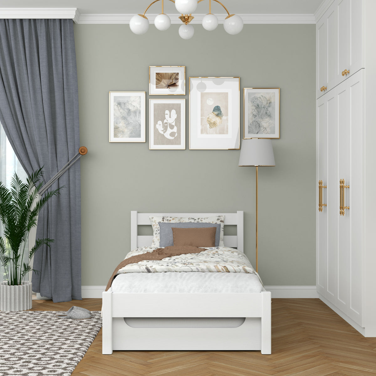 White Bed with Mattress Drawer – Side View, Wooden, Nizio Home