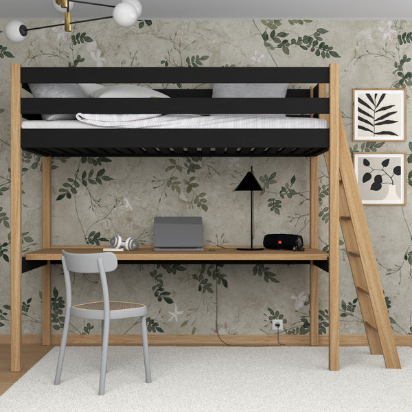 Lit mezzanine avec bureau en bois noir-chêne – chambre d'enfant, scandinave Nizio