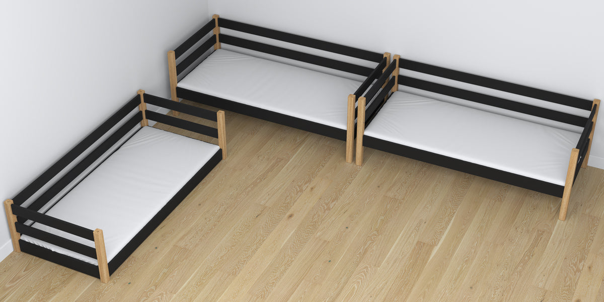 3-verdiepingen bed houten zwart met eiken – close-up op verbindingen en constructiedetails