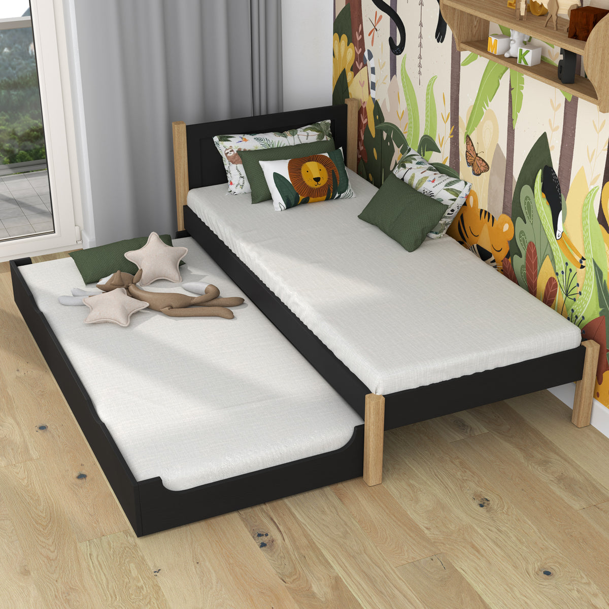 Bed met matraslade houten zwart-eiken – lade uitgeschoven, gast