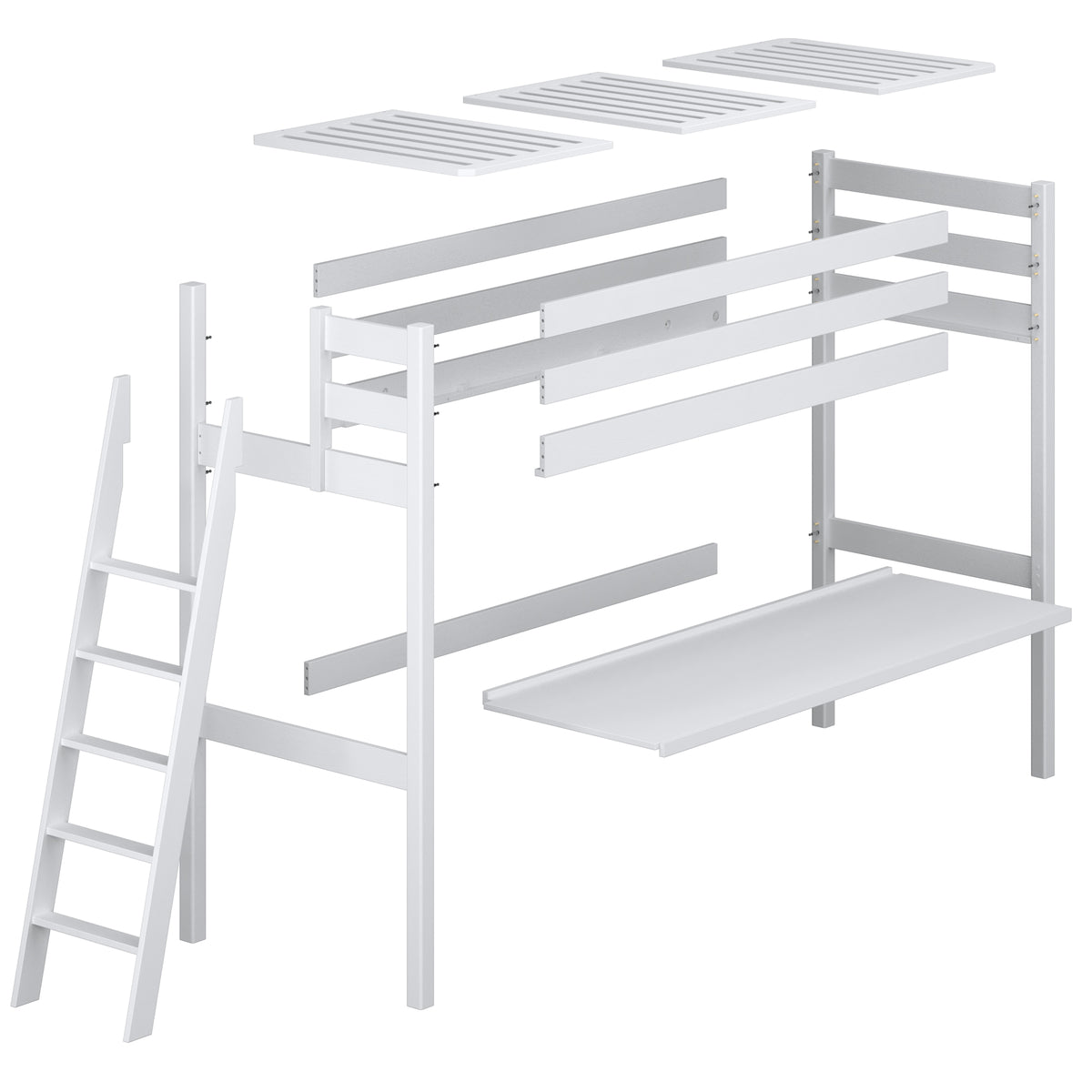 Loft bed black/oak with desk – tabletop and wooden joints, close-up