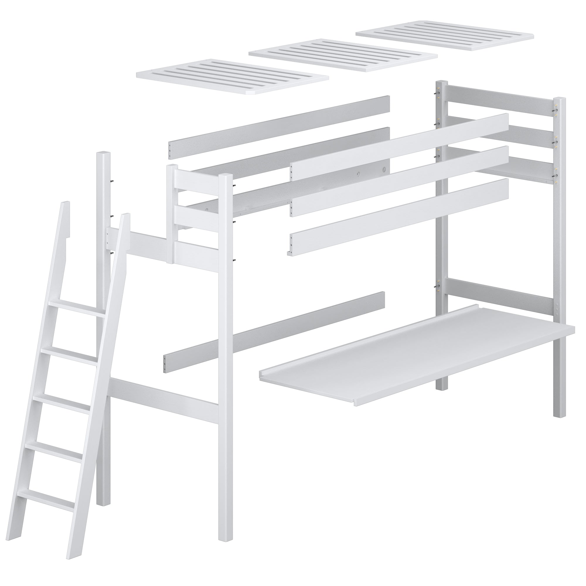 Loft bed black/oak with desk – tabletop and wooden joints, close-up