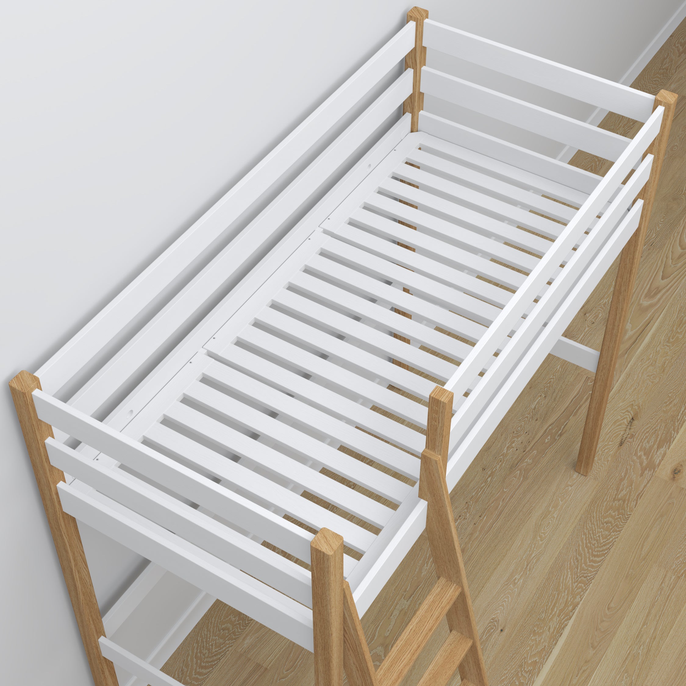 Houten hoogslaperbed wit-eiken – details van verbindingen en ladder, Nizio Home