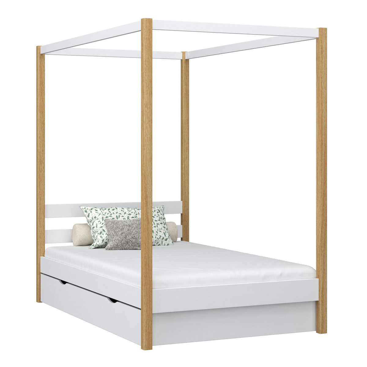 Bed met hemelbed en lade houten wit-eiken – kinderkamer, scandi stijl