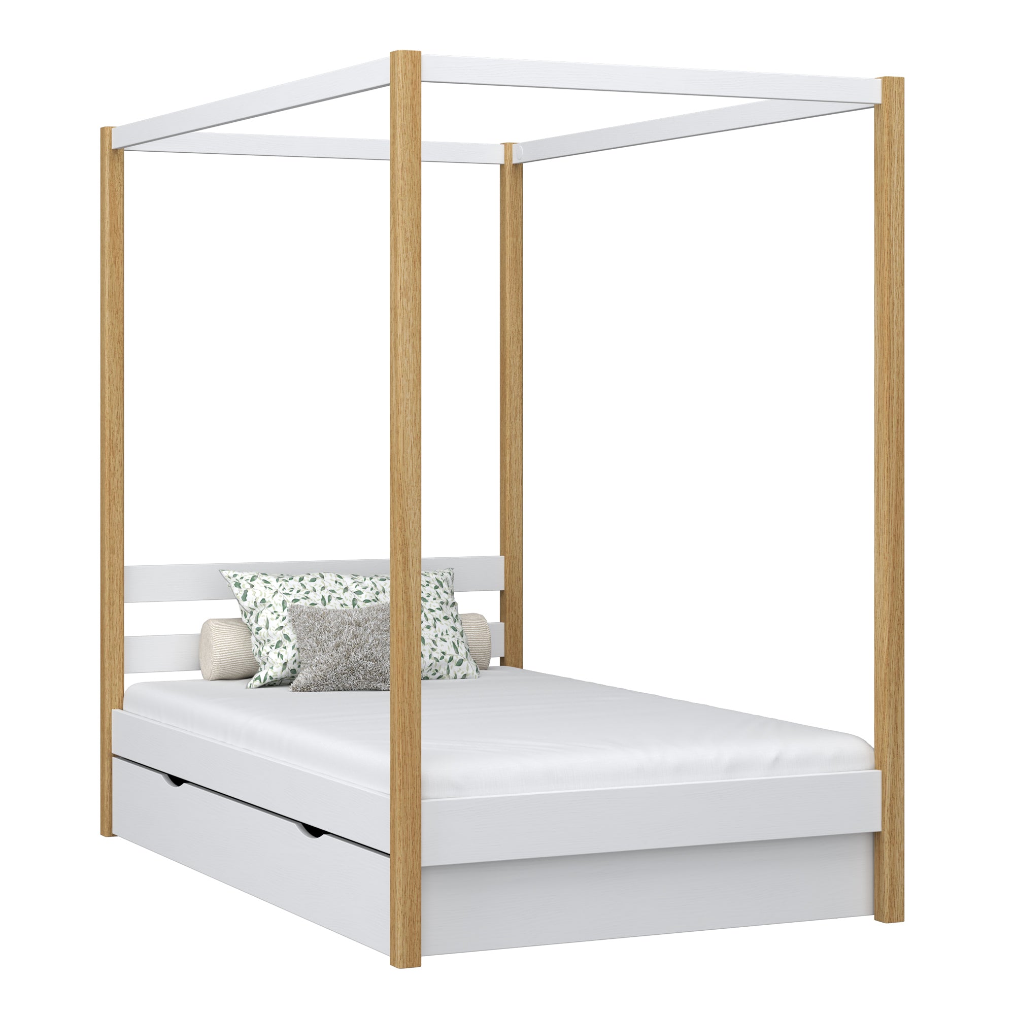 Bed met hemelbed en lade houten wit-eiken – kinderkamer, scandi stijl