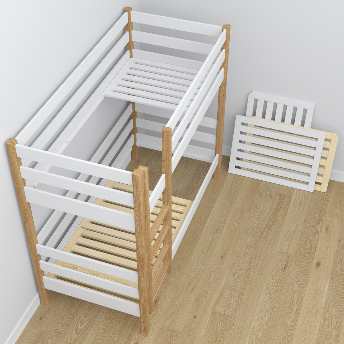 Bunk Bed with Mattress Drawer White and Oak Wooden – Solid Wood, Scandi Style