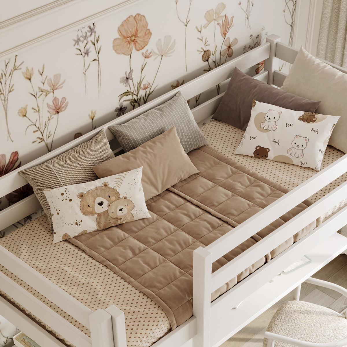 Lit mezzanine avec bureau en bois blanc – échelle i barrière ochronna