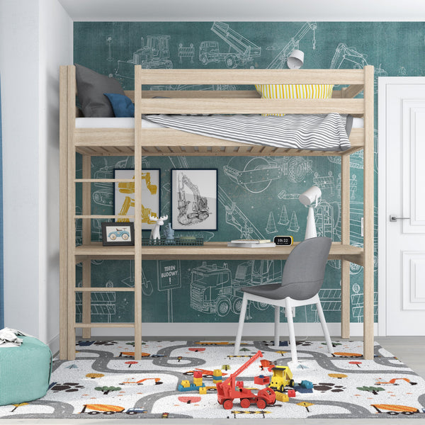 Lit mezzanine chêne blanchi avec bureau – espace d'apprentissage sous la chambre, en chêne