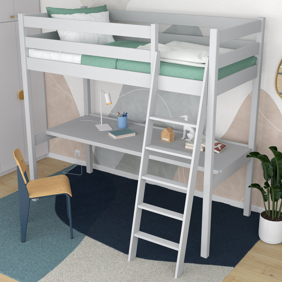 Loft bed grey – wooden desk under the sleeping area, scandi children’s room