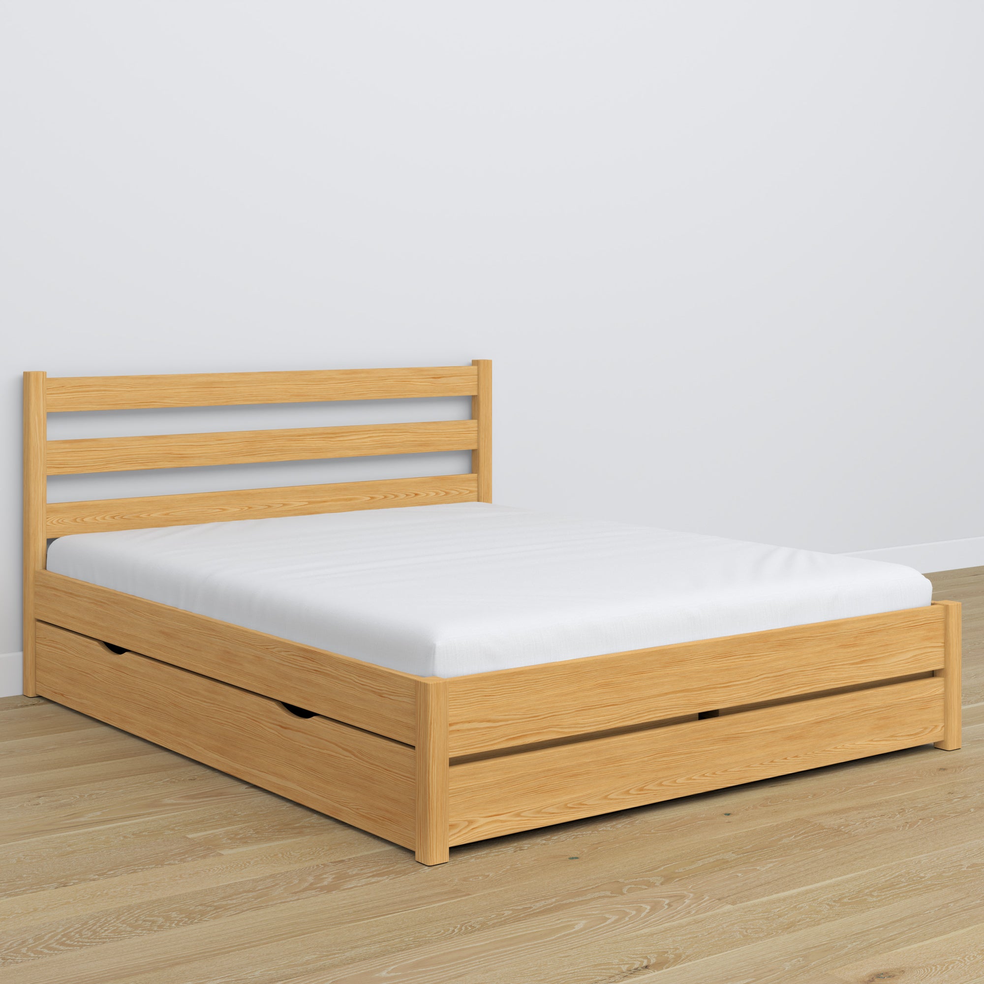 Double bed natural pine with drawer – wooden headboard, close-up