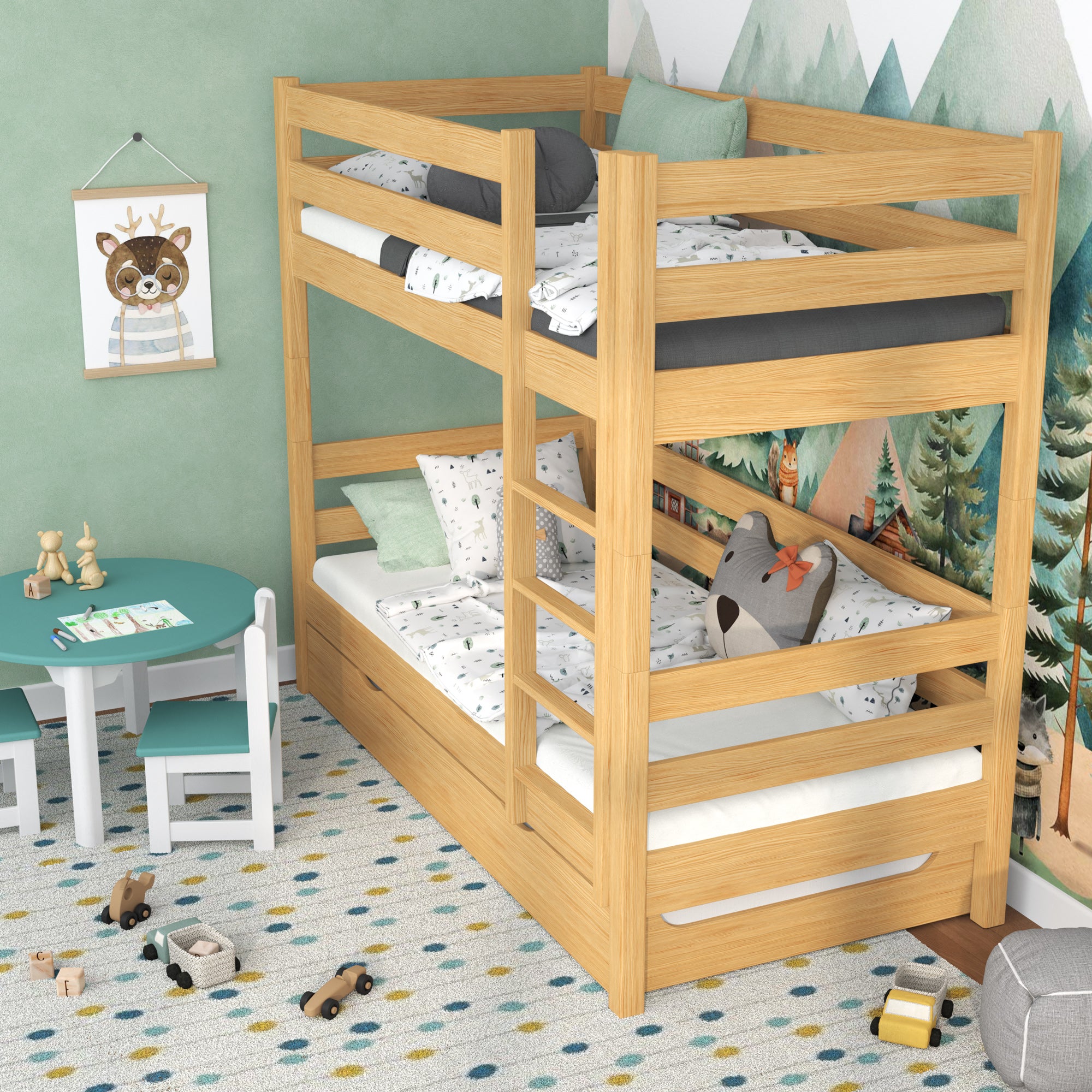 Stapelbed naturel grenen voor kinderen – lade voor matras, houten, Nizio