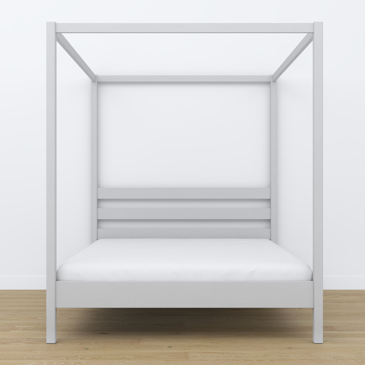 Tweepersoonsbed met hemelbed houten grijs – hoofdeinde en frame, close-up