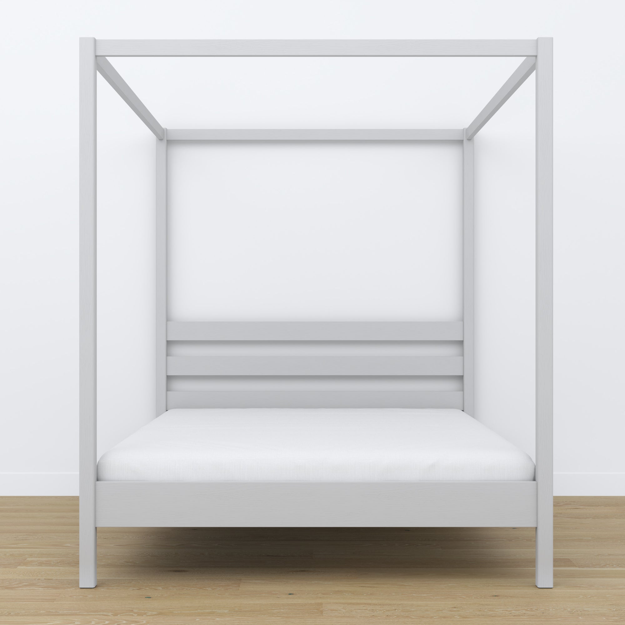 Tweepersoonsbed met hemelbed houten grijs – hoofdeinde en frame, close-up