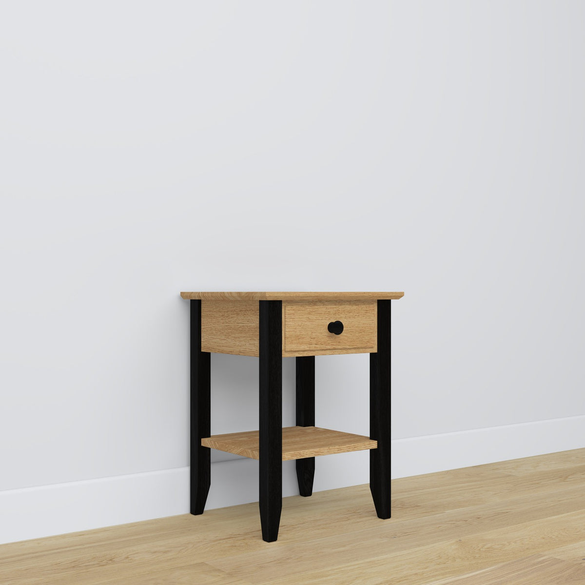 Table de chevet N01 chêne naturel avec noir – en chêne, vue frontale, Nizio Home