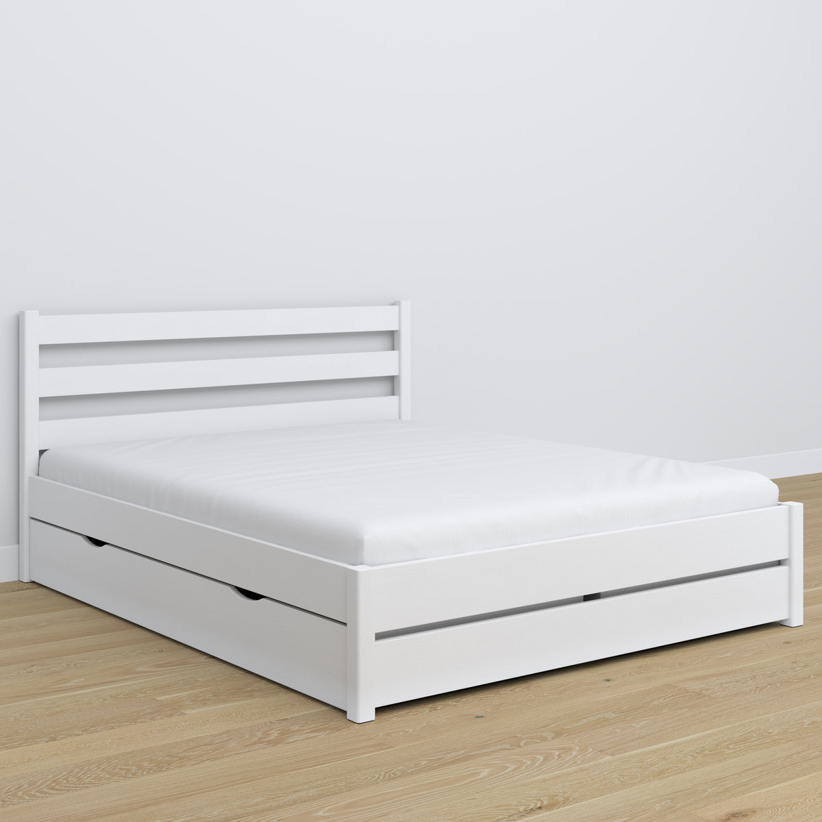 Tweepersoonsbed wit met lade – houten hoofdeinde, close-up