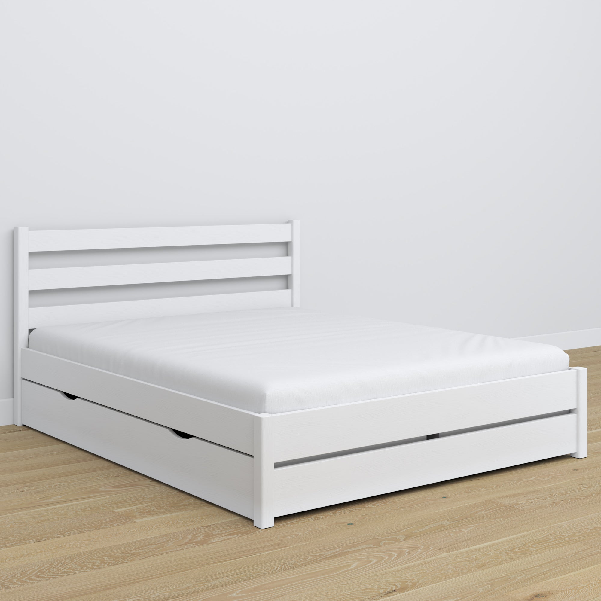 Tweepersoonsbed wit met lade – houten hoofdeinde, close-up