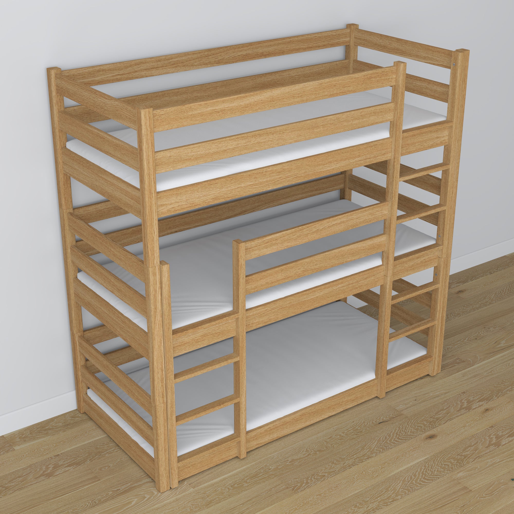 Driepersoonsstapelbed naturel eiken in kinderkamer – scandi inrichting, Nizio